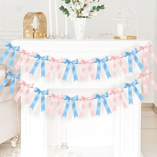 Image of NatNarr 2 Pcs Gender Reveal Party Decor, Pink and Blue Garland Banner Satin Ribbon Party Decorations Pre-Strung Bow Decor Banner for Baby Shower Wedding Birthday Parties