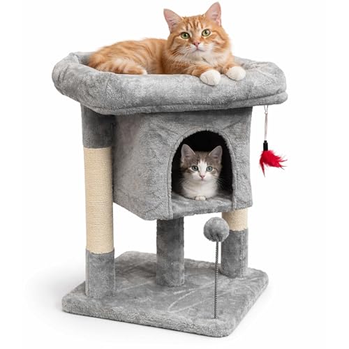 ADEPTNA 2-Level Cat Tree Scratching Post with Condo & Plush Top Perch Cat Tower Activity Centre for Kittens & Indoor Cats, Soft Plush Cat House with Sisal Scratcher, Hanging Toy & Stable Base
