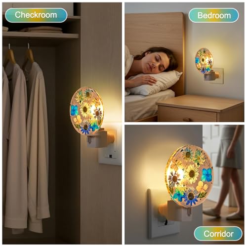 Image of Glooglitter Pressed Flower Night Light Plug in-Handmade Dried Floral Wall Night Light, Soft Glow Decorative Nightlight for Hallway Bedroom Nursery Bathroom, Vintage Botanical(Blue,Flower)