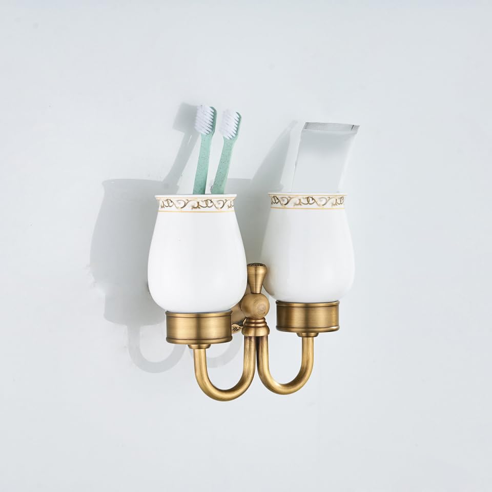 Cabilock Portabicchiere da parete in rame lucido per spazzolino da denti da bagno doppio portabicchieri in ceramica installazione facile per la casa | Doppio supporto da parete con due bicchieri in ceramica per spazzolini da denti e accessori per lavabo