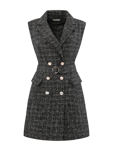Women's Sleeveless Tweed Dress Collared Belted Button Down Work Blazer Dresses