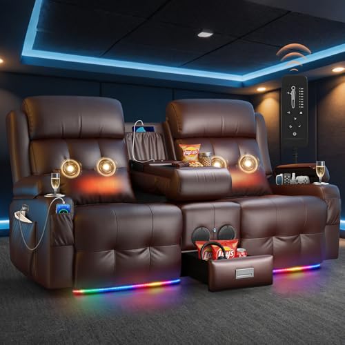 Aotolo Power Reclining Loveseat Sofa with Console Wall Hugger RV Recliner Couch Home Theater Seating with Heating & Massage Bluetooth Speaker LED Light USB & Type-C Ports Storage Armrests
