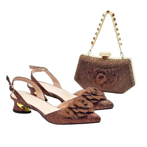 Kvinnor klack festskor strass väska set bröllop dekorerad med strass, Brun, 41(US-9.5)