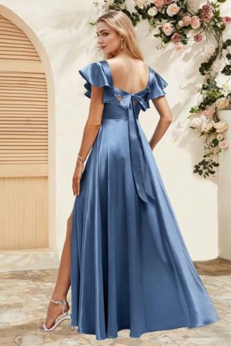 Satin Prom Dresses Short Sleeve Bridesmaid Dresses with Pockets Square Neck Formal Gowns with Slit P01002