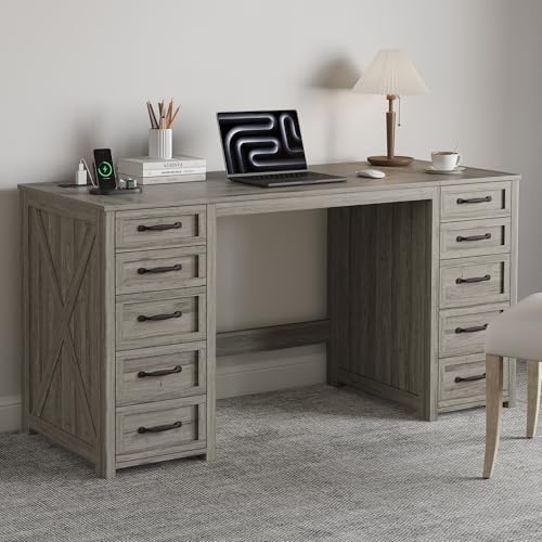 WOPITUES 60 Farmhouse Home Office Desk with 10 Wooden Drawers. Rustic Computer Writing Desk with...