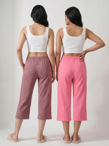 Image of Fflirtygo Women's Cotton Plain Calf Length Capri | Nightwear Short Pyjama | 3 /4th Solid Pyjama Pant | Regular Fit Casual & Lounge Wear Capri Combo (Pack of 2)