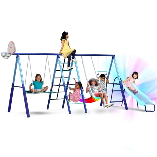 image for Sportspower Ramona Metal Swing Set 7-in 1: 3 Swings, Climbing Ladder a