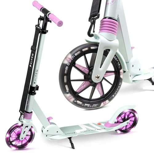 Movino Patinete para Niños Adultos y Adolescentes hasta 100 kg   Scooter Plegable Urbano   Ruedas LED Grandes 180 mm   Manillar Ajustable   City Light Menta Rosa
