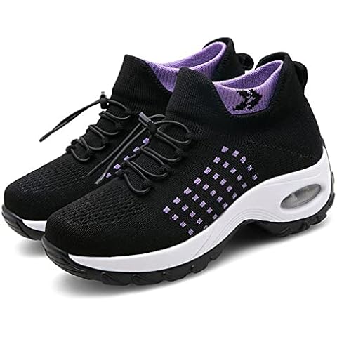 STUNAHOME Womens Slip on Trainers Thick Bottom Air Cushion Walking Shoes Breathable Mesh Sneakers Orthopedic Shoes for Women Black Purple Cover