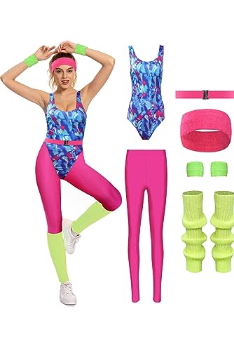 MASSWO Womens Aerobics Costume 80s Workout Outfit 90s Accessories Set Retro Jogging Suit Waist Bag Gym Yoga Running