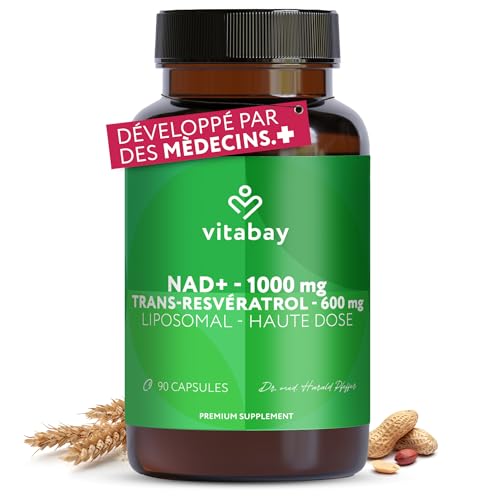 Vitabay NAD+ Liposomal 1000mg & Trans-Resveratrol 600mg - 90 Softgels Végétalien - Haute Dose, Testé en Laboratoire - Supplément NAD Liposomal à Biodisponibilité Optimisée