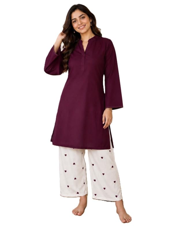 Women's South Cotton V Neck Solid Kurta with Palazzo Pants Set | Co-Ord Set-picture-47
