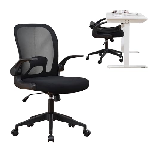 IPKIG Foldable Office Chair for Small Spaces | Home Office Folding Desk Chairs with Wheels and Flip Up Arms | Ergonomic Mesh Computer Chair for Adults & Kids Black