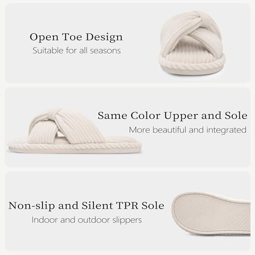 Image of IPSAE House Slippers for Woman Memory Foam Open Toe Slippers Corduroy Cross Bow Womens Slipper Slides Comfy Indoor Bedroom Slip On Shoes