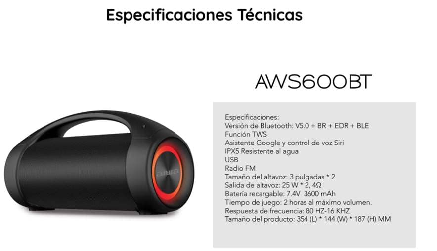 Diagram showing the dimensions of the Aiwa AWS600BT speaker: 35.4cm length, 14.4cm width, and 18.7cm height.