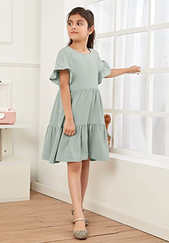 Geckatte Girls Dresses Summer Casual Ruffle Short Sleeve Tiered Pleated Loose Kids A-Line T-Shirt Dress 5-14 Years (5-6 Years, Green) #TOP3