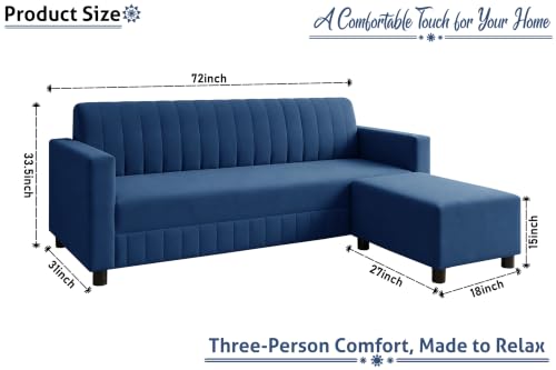 Image of 3 Seater Wooden Sofa with Ottoman | Modern Sofa Set for Living Room | Stylish Home Furniture Sofa with Comfortable Seating-Blue