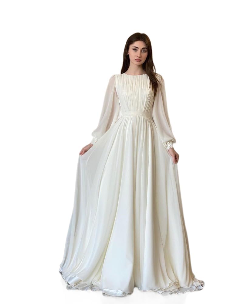Abito Lungo da Donna in Chiffon A Maniche Lunghe, Plissettato