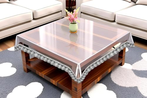 Image of The Furnishing Tree Square Shaped Center Transparent Table Cover WxL 48x48 inches 0.25 mm Thickness with Silver Lace