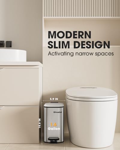 LOVEWIND Bathroom Trash Can with Lid, 1.6 Gallon/ 6 Liter Stainless Steel Garbage Can with Removable Inner Bucket, Step Pedal Wastebasket-Narrow Waste Bin for Bathroom, Toilet, Office, Bedroom, Silver