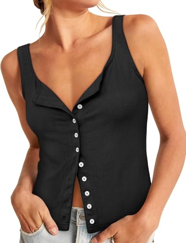 Yousify Womens Fitted Tank Tops Cami Trendy Knit Cropped Knitted Vest Button Down Square Neck Ribbed Strappy Henley Shirt