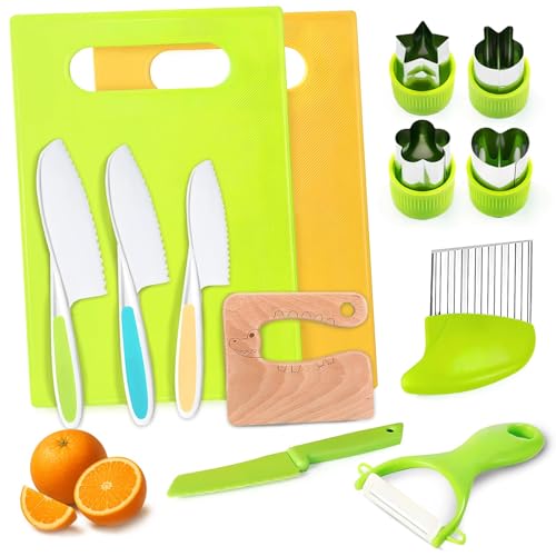 Chaoyoyo Kit 13 Pièces Couteaux Sécurité Enfant – Couteaux Montessori, Planche à Découper, Éplucheur et Ustensiles de Préparation pour Fruits & Légumes – Accessoires de Cuisine Sécurisés pour Enfants