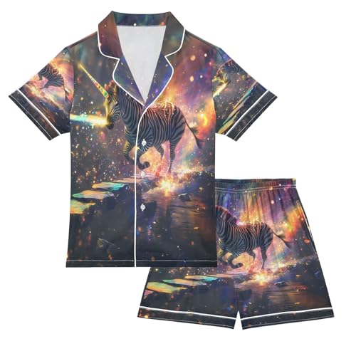 ALAZA Unicorn Starry Sky Zebra Satin Pajamas Set Short Sleeve Button Down Sleepwear Summer Pjs 2 Piece