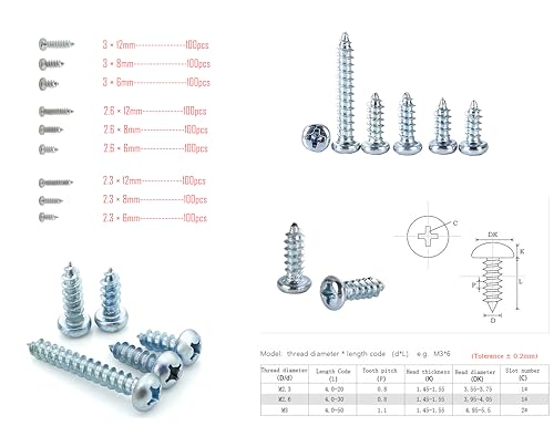 LBY 900pcs M2.3 M2.6 M3 Pan Head Self-Tapping Sheetmetal Screw Assortment Kit, Carbon Steel, Zinc-Plated - Thumbnail 2