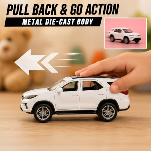 Image of 1:32 Scale Fortuner Die Cast Pull Back Toy Car for Kids with Openable Doors Light and Sound Friction Powered Miniature Collectible Car Toy Gift for Children Realistic SUV Design (1:32 White Fortuner)
