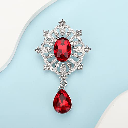 Image of Kercisbeauty Ruby Red Rhinestones Brooch Pin for Unisex Women Men Teardrop Silver Brooches Dress Suit Jewelry (Red)