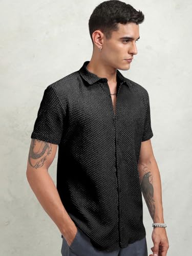 Image of Zombom Men's Poly Cotton Textured Short Sleeve Shirt | Slim Fit Casual Wear | Premium Stretch Fabric | Button Down Collar | Stylish Party Shirt for Men