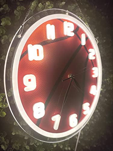 Jomodecor 12 Inch Glowing Neon Light Wall Clock, Silent Non-Ticking Quartz Movement, Battery Operated Decorative Clock For Home Decor Living Room Bedroom Kitchen Office Studio Store - Basketball #TOP5