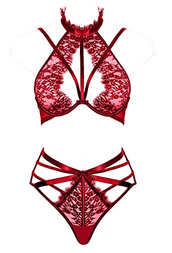 LOVE YOU SEXY Damen Lace Dessous Set, Strappy BH und Panty, Lace Choker BH Highwaist Panty 2-teiliges BH Set Kirschrot 85D
