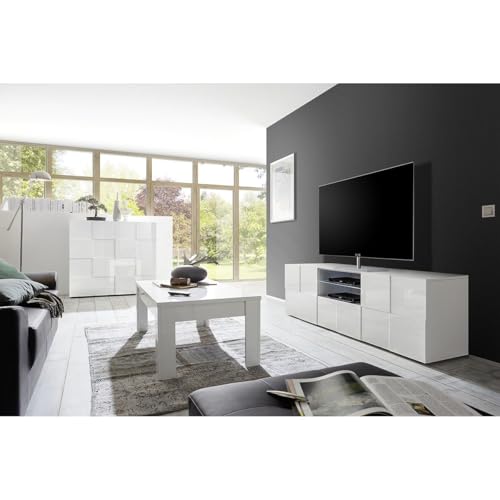 AltoBuy Rebecca - Ensemble Salon Complet Meuble TV 181 cm Blanc Laqué Weiss Relief Damiers