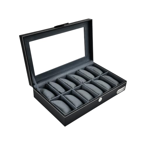Image of BOXXO 12 Slot Watch Organizer Box for Men & Women - Premium PU Leather Watch Case, Soft Velvet Cushions & Glass Lid Display, Elegant Storage Box - 34x20x8 cm (Black /Grey, 12 slots)