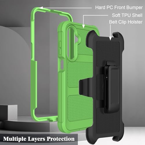 Leptech for Samsung Galaxy A16 5G Case with 2 Pack Tempered Glass Screen Protector, [Holster Series] Belt Clip Hard Tough Heavy Duty Rugged Shockproof Protective Cell Phone Case (Green)