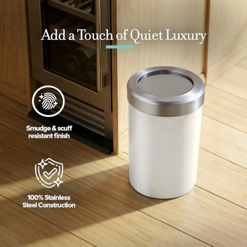 Image of Gatco Small Bathroom Trash Can with Lid, Round 3 Gallon Stainless Steel Wastebasket, Under Sink, Matte Pearl and Satin Nickel, for Bathroom, Bedroom, Office (1931SN)