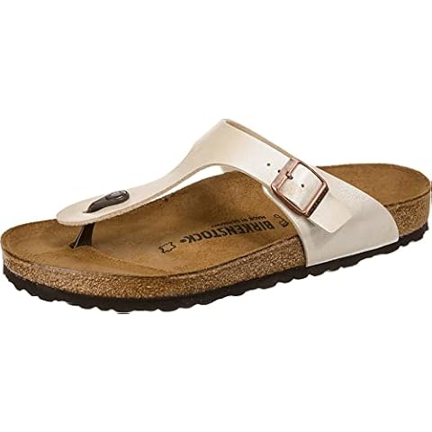 BIRKENSTOCK Damen Zehentrenner Sandalen Gizeh Pantolette Glattleder Fußbett Bequem Freizeit Uni Gizeh beige-metallic Birkoflor Synthetik Kork-fußbett bequem Cover