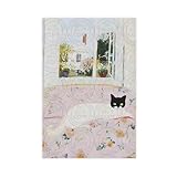 Schwarz-weiß_Katze auf Blumensofa am Fenster, Posterdruck für Teenager, Jungen, Zimmer, Leinwand, Wandkunst, Leinwandbild, Gemälde, Druck, ungerahmt, 61 x 91,4 cm