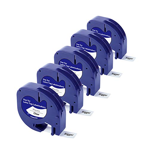Bigger Compatible Label Tapes Replacement for Dymo LetraTag Refills Plastic Tape 16952 Black on Clear Label Tape Used with DYMO LetraTag Plus LT-100H LT-100T 1/2 Inch x 13 Feet 12mm x 4m 5-Pack