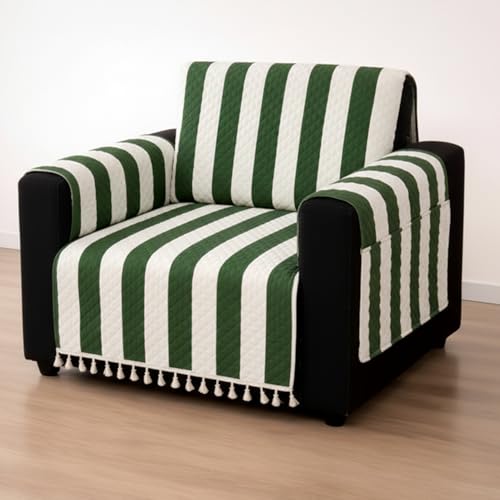 Image of House of Quirk IKATRA Series Quilted Printed Sofa Cover for Indian Sofa Set with Side Pocket - Premium Washable, Anti-Slip, Durable & Ultra Soft Fabric Protector (Evergreen Stripe, One Seater)