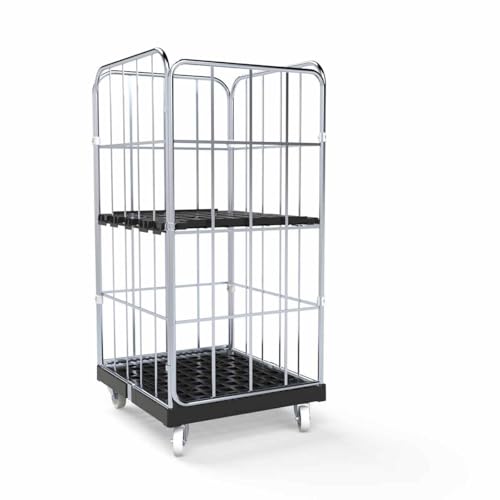Abrollwerk Rollbehälter 1350 mm Nutzhöhe (500 kg Traglast), Kunstoffplatte schwarz, 4-seitig, Maße 724 x 815 x 1530 mm – robuster Gitterwagen Typ Cr3-verzinkt für Garage, Lager, Transport und Logistik
