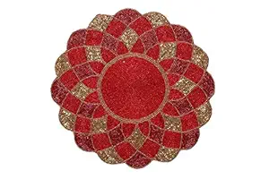 FliHaut Handcrafted Beautiful Beaded Placemat for Dining Table (Red & Golden Flower Geom) 14 Inches Diameter, Glass
