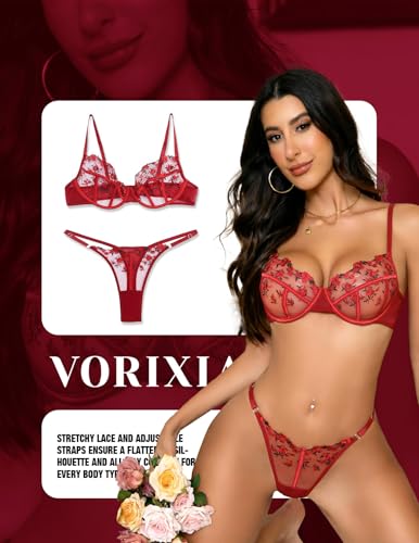 Image of Lingerie Sexy Bra and Panty Set for Women See Through Sheer Underwear Cute Exotic Floral Embroidery Babydoll Set