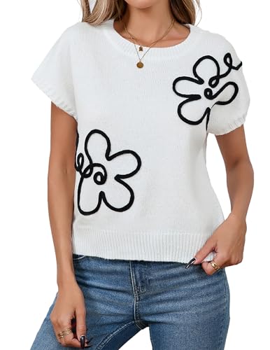 Image of Libsorge Womens Cute Flower Cap Sleeve Sweater Vest Spring 2025 Lightweight Ribbed Knit Crewneck Knit Top