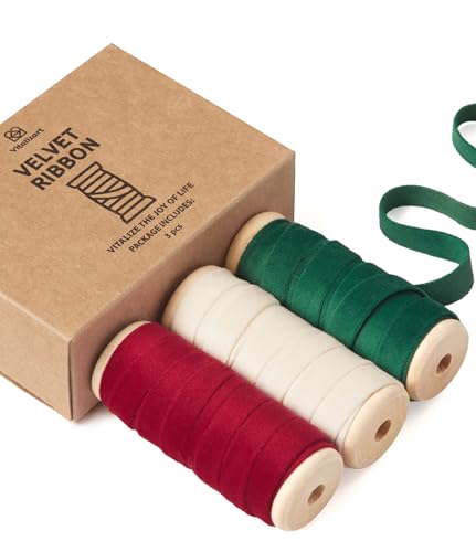 Vitalizart Christmas Velvet Ribbon Set 3/8" x 5Yd x 3 Rolls (White Red Green) with Wooden Spool