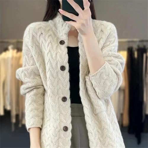 Women Stand-Up Collar Button Cardigan Cable Long Sleeve Casual Thicken Knitted Sweater Coat2