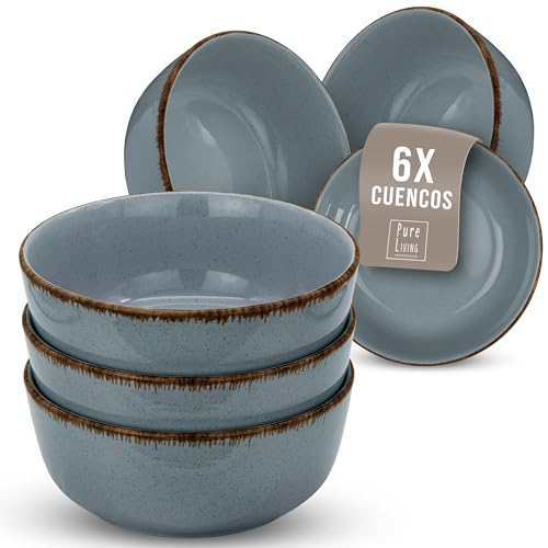 Juego de Vajillas Modernas para 6 Personas - Cuencos para Aperitivos - Bol de Müsli Estilo Rústico en Steingut - Conjunto Elegante, Apto para Lavavajillas - Pure Living en Color azul humo