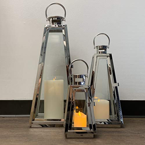 Image of Allgala 3-PC Lantern Set 24 Inch Jumbo Deluxe Modern Indoor /Outdoor Candle Lantern Set Silver Chrome Stainless Steel Tapered Trapezoid Frame with Tempered Glass for Garden Patio Fireplace Wedding