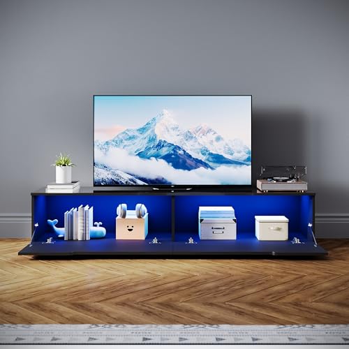 SONNI Mueble TV con Luces Regulables de 12 Colores,Mueble de Salón con LED y Estante de Cristal (Negro, 160x35x30cm)